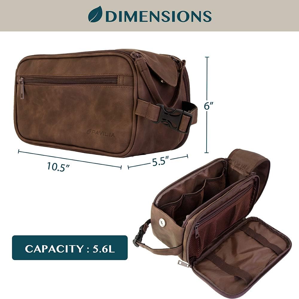 PAVILIA Toiletry Bag for Men, Travel Essentials Shaving Dopp Kit, Mens Travel Bag Toiletries Organizer Case for Grooming, PU Leather Water Resistant Cosmetic Bag Pouch (Dark Brown) – Image 4
