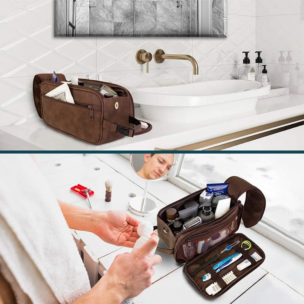 PAVILIA Toiletry Bag for Men, Travel Essentials Shaving Dopp Kit, Mens Travel Bag Toiletries Organizer Case for Grooming, PU Leather Water Resistant Cosmetic Bag Pouch (Dark Brown) – Image 5