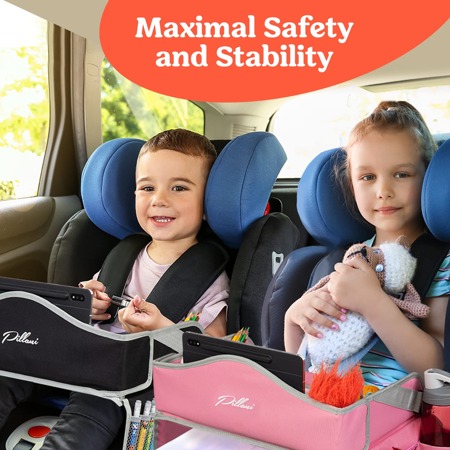 PILLANI Kids Travel Tray for Car - Car Seat Tray with Activity Sheets & Pens, Road Trip Essentials for Car & Airplane, Must Have Toddler Travel Lap Desk Accessories - Road Trip Activities for Kids – Image 6