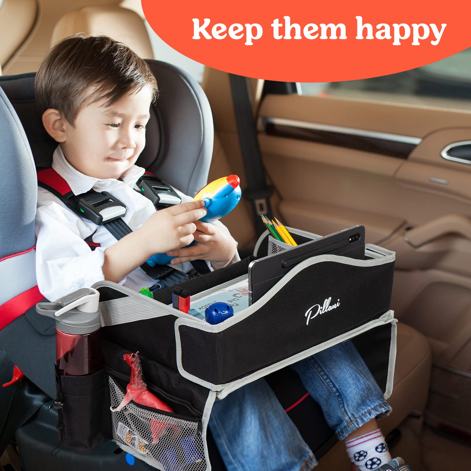 PILLANI Kids Travel Tray for Car - Car Seat Tray with Activity Sheets & Pens, Road Trip Essentials for Car & Airplane, Must Have Toddler Travel Lap Desk Accessories - Road Trip Activities for Kids – Image 2