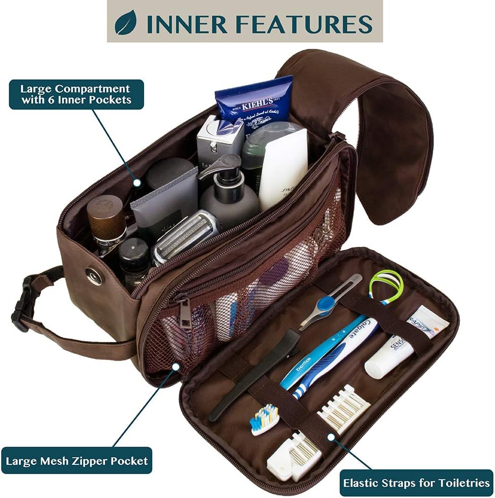 PAVILIA Toiletry Bag for Men, Travel Essentials Shaving Dopp Kit, Mens Travel Bag Toiletries Organizer Case for Grooming, PU Leather Water Resistant Cosmetic Bag Pouch (Dark Brown) – Image 2