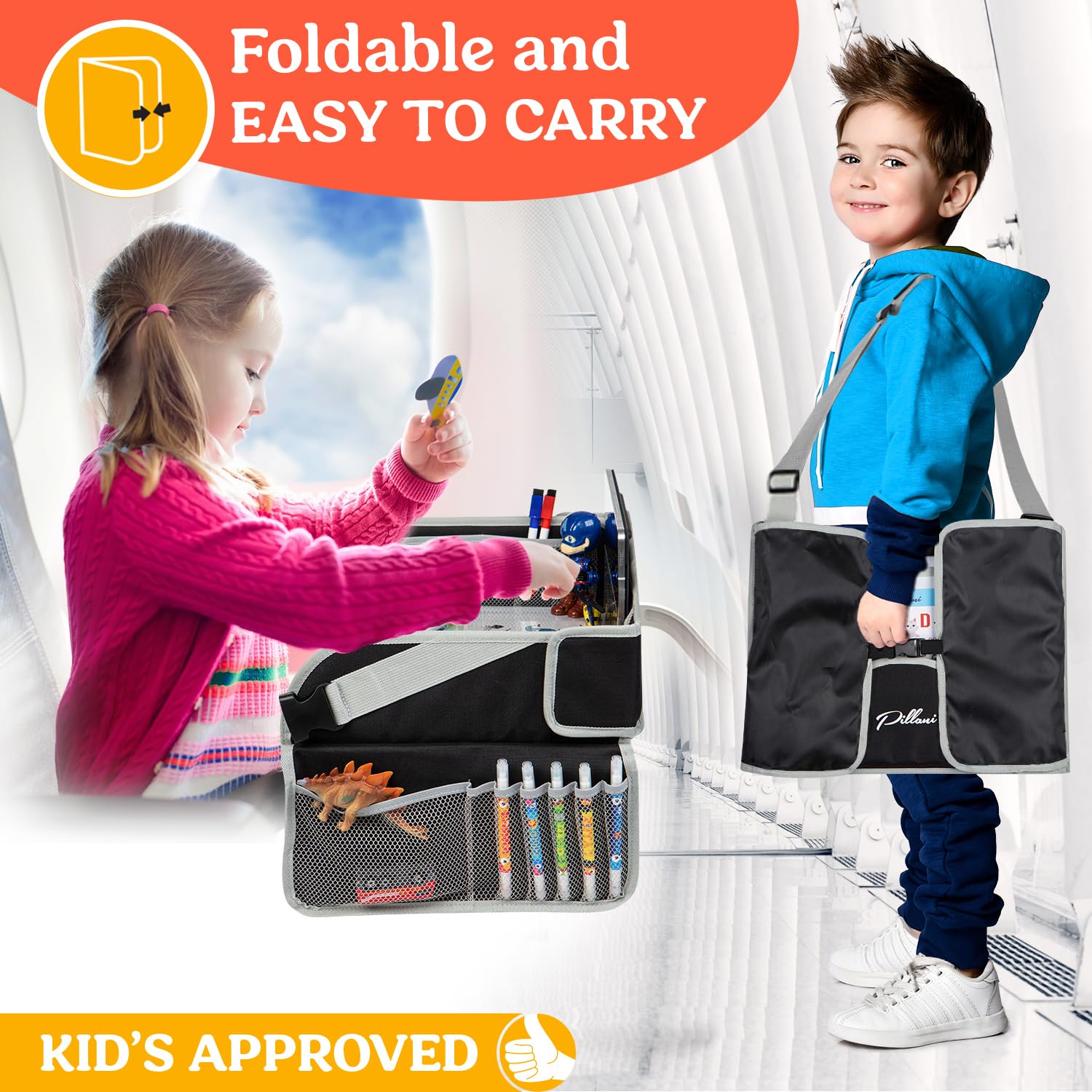 PILLANI Kids Travel Tray for Car - Car Seat Tray with Activity Sheets & Pens, Road Trip Essentials for Car & Airplane, Must Have Toddler Travel Lap Desk Accessories - Road Trip Activities for Kids – Image 5