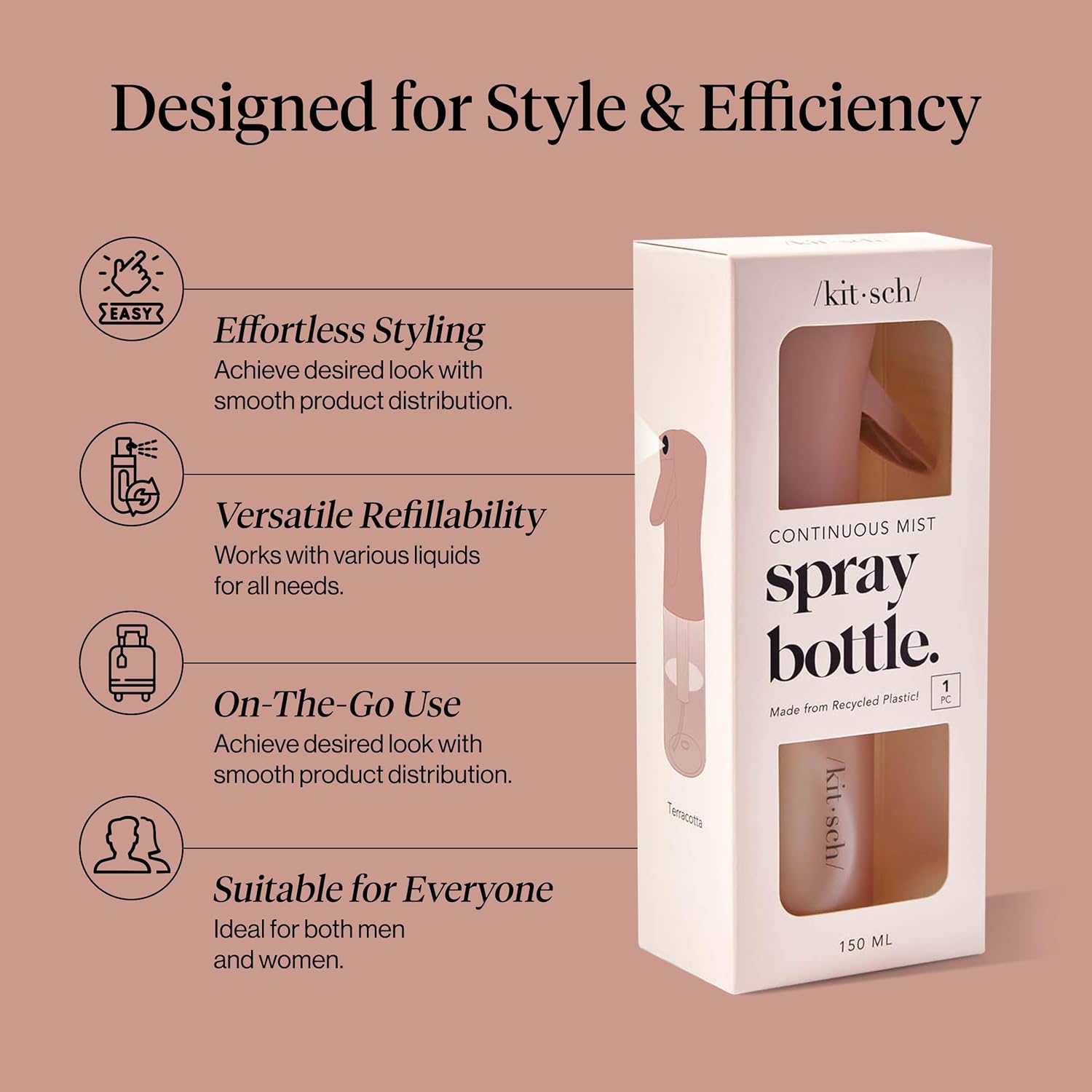Kitsch Continuous Spray Bottle for Hair – Fine Mist Water Mister & Water Spray Bottle – Recycled Hair Spray Bottle – Spray Bottles for Cleaning, Styling, Plants & More – Terracotta, 150ml – Image 3