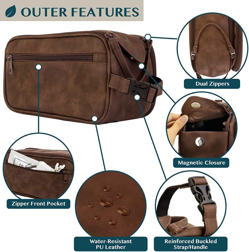 PAVILIA Toiletry Bag for Men, Travel Essentials Shaving Dopp Kit, Mens Travel Bag Toiletries Organizer Case for Grooming, PU Leather Water Resistant Cosmetic Bag Pouch (Dark Brown) – Image 3