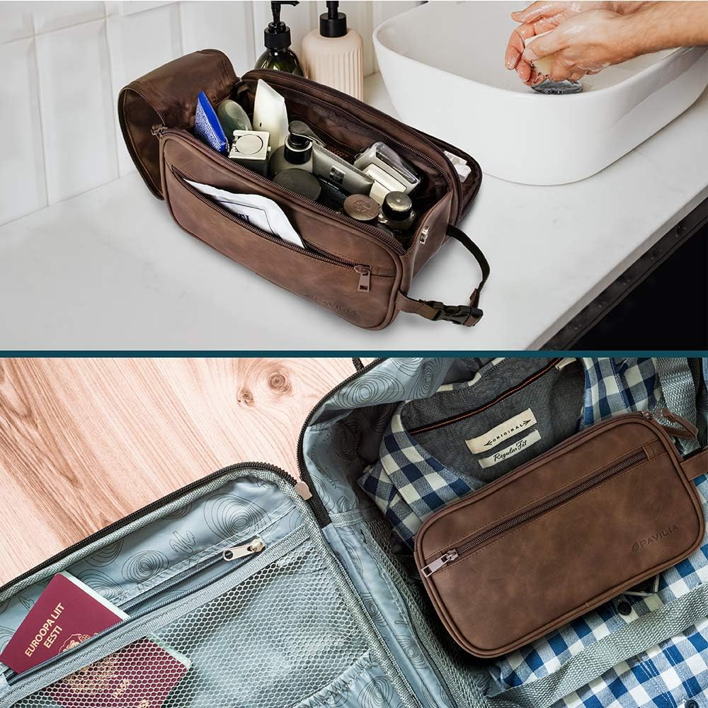 PAVILIA Toiletry Bag for Men, Travel Essentials Shaving Dopp Kit, Mens Travel Bag Toiletries Organizer Case for Grooming, PU Leather Water Resistant Cosmetic Bag Pouch (Dark Brown) – Image 6