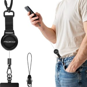 MoKo Anti-theft Phone Tether, Phone Lanyard Retractable Steel Line Cellphone Strap with Locking Carabiner and Metal 360° Tether Tab for Outdoor Skiing Hiking Climbing Fishing, Black