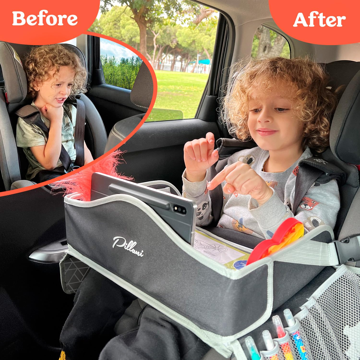 PILLANI Kids Travel Tray for Car - Car Seat Tray with Activity Sheets & Pens, Road Trip Essentials for Car & Airplane, Must Have Toddler Travel Lap Desk Accessories - Road Trip Activities for Kids – Image 3
