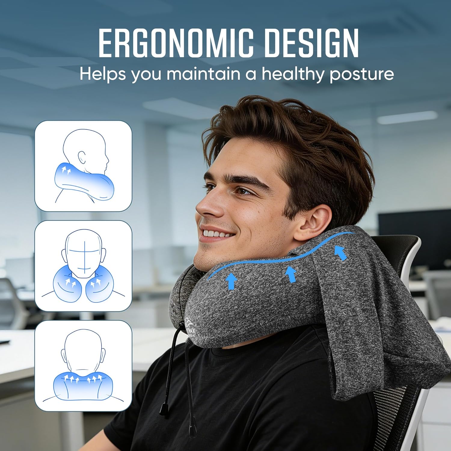 Travel Pillow with Extra Large Hood for Airplane Long Flights Privacy and Comfort Memory Foam with Skin-Friendly Cover for Road Trip Head&Neck Support for Plane Office Cars Sleeping & Rest (Grey) – Image 3
