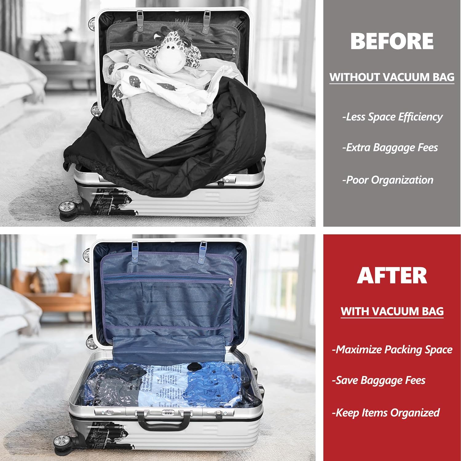 Vacuum Seal Bags for Clothing Travel and Home Storage, Travel Vacuum Bags with Electric Pump, Space Saver Compression Packing Cubes for Luggage Suitcase Bedding Blankets Clothes, 12 Combo – Image 2