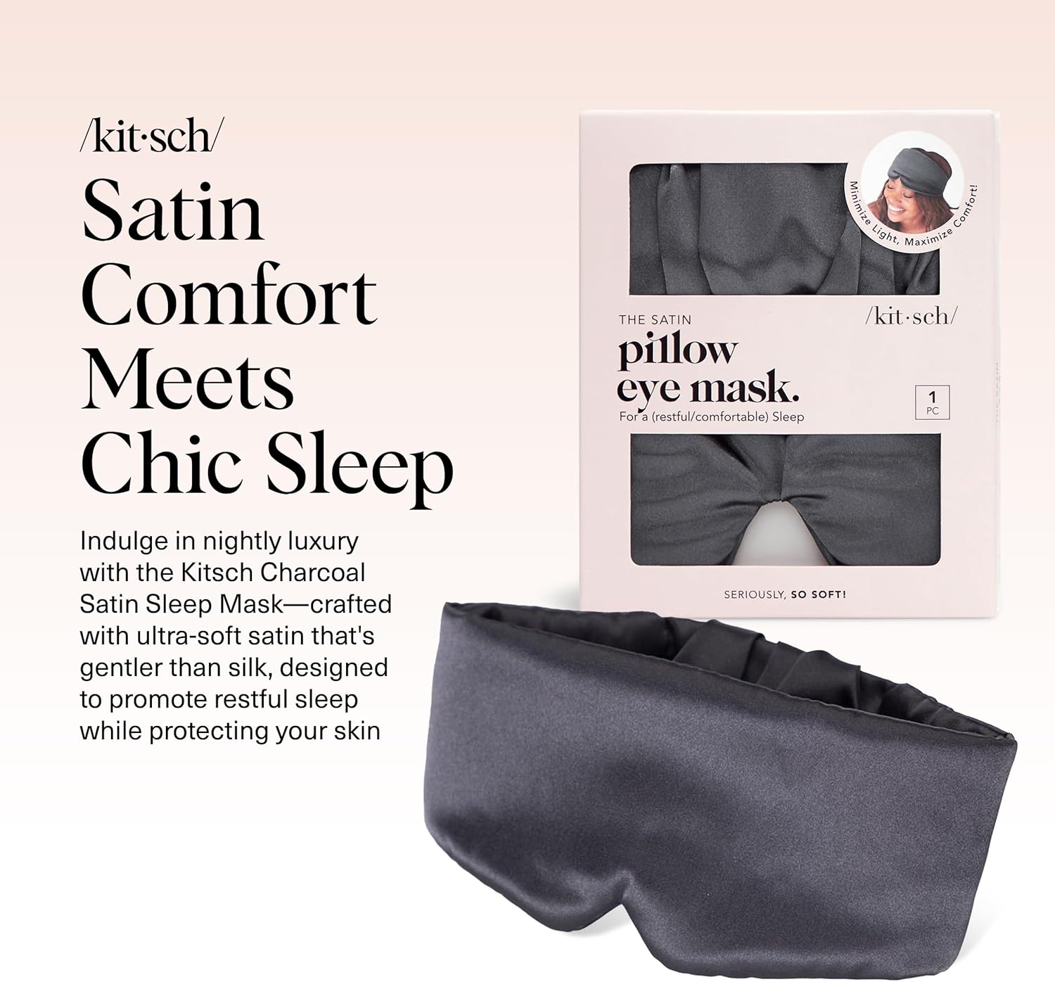 Kitsch Satin Sleep Mask - Eye Masks for Sleep, Softer Than Silk Satin Sleeping Mask Blindfold and Sleep Masks for Women and Men, Eye Care Travel Essentials - Charcoal Black – Image 2