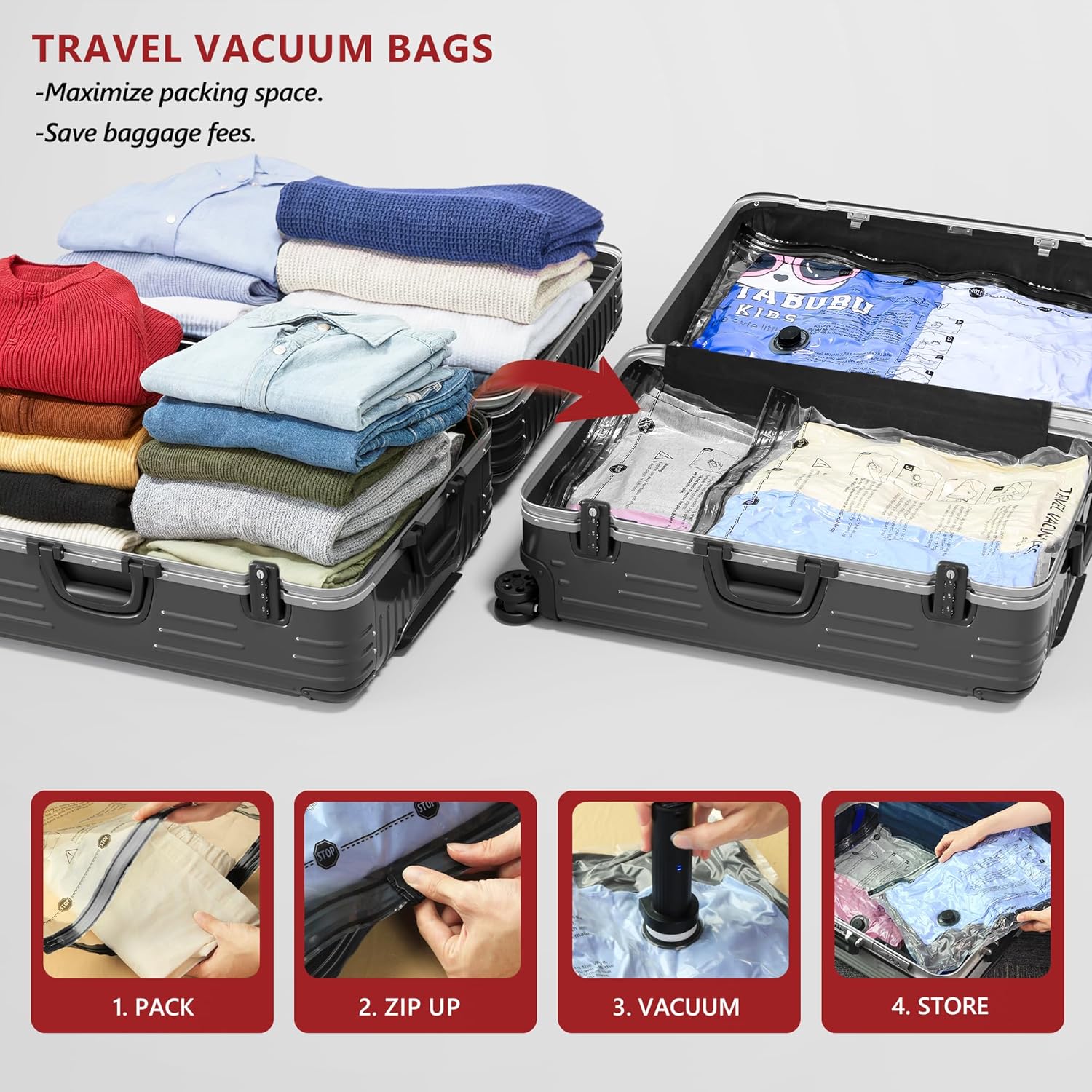 Travel Vacuum Bags for Clothing with Rechargeable Electric Pump, Compression Packing Cubes Organizer Storage for Luggage Suitcase, Space Saver Seal Bags for Vacation Cruise, 18 Combo – Image 2