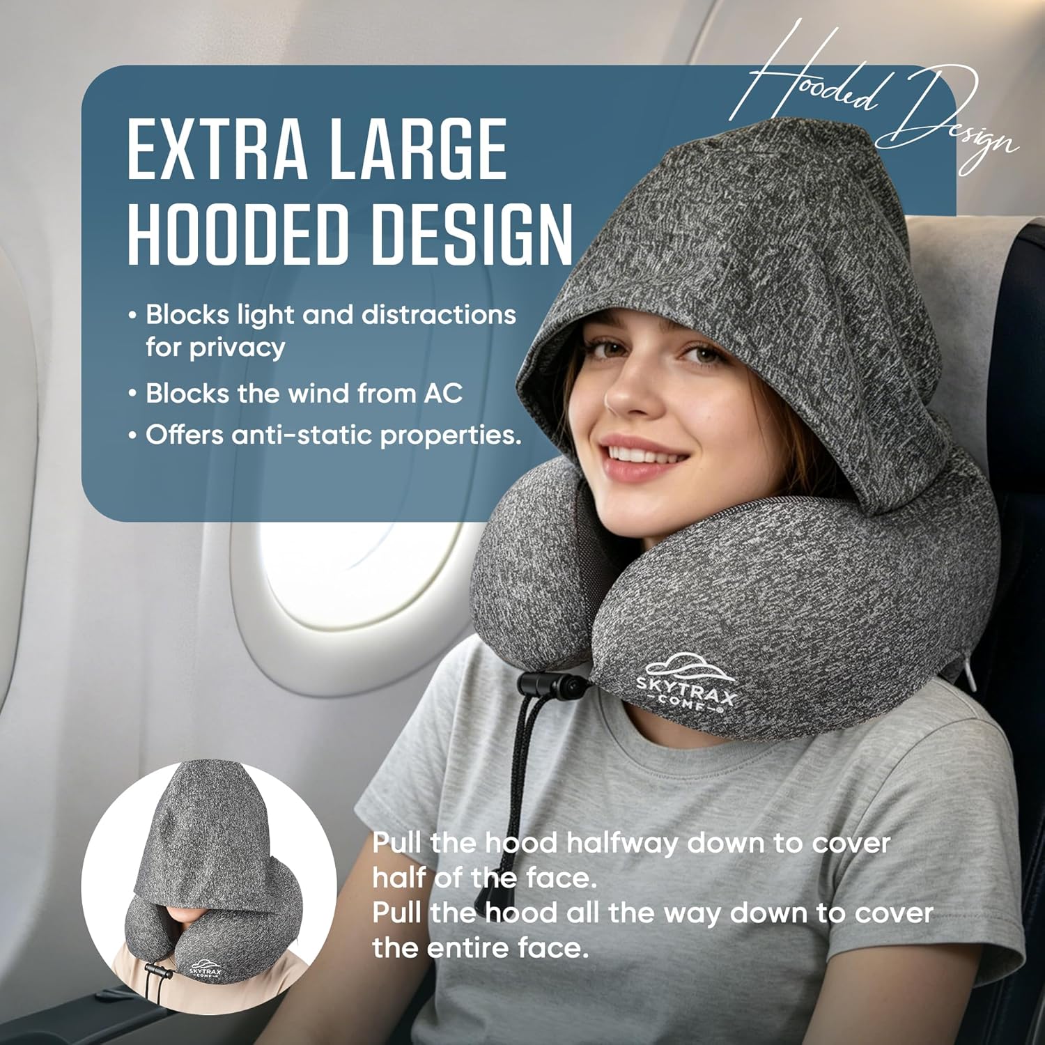 Travel Pillow with Extra Large Hood for Airplane Long Flights Privacy and Comfort Memory Foam with Skin-Friendly Cover for Road Trip Head&Neck Support for Plane Office Cars Sleeping & Rest (Grey) – Image 2