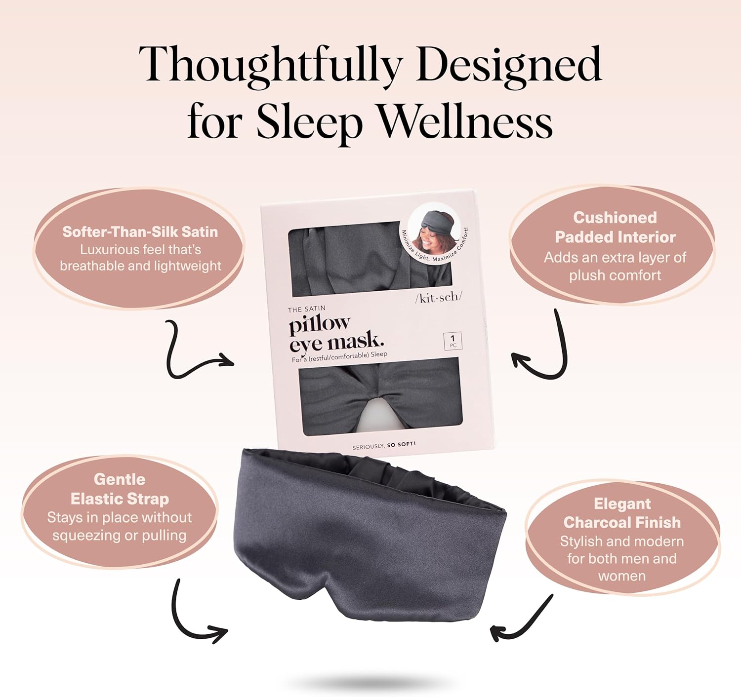Kitsch Satin Sleep Mask - Eye Masks for Sleep, Softer Than Silk Satin Sleeping Mask Blindfold and Sleep Masks for Women and Men, Eye Care Travel Essentials - Charcoal Black – Image 3