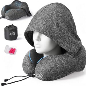 Travel Pillow with Extra Large Hood for Airplane Long Flights Privacy and Comfort Memory Foam with Skin-Friendly Cover for Road Trip Head&Neck Support for Plane Office Cars Sleeping & Rest (Grey)