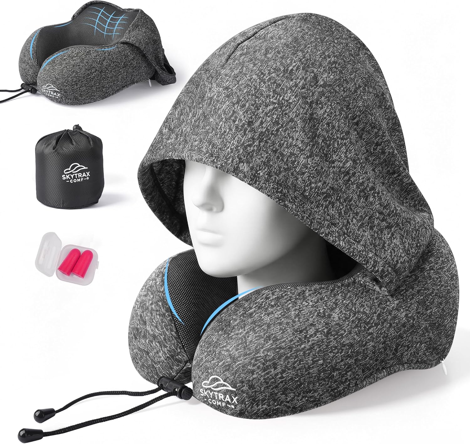 Travel Pillow with Extra Large Hood for Airplane Long Flights Privacy and Comfort Memory Foam with Skin-Friendly Cover for Road Trip Head&Neck Support for Plane Office Cars Sleeping & Rest (Grey)